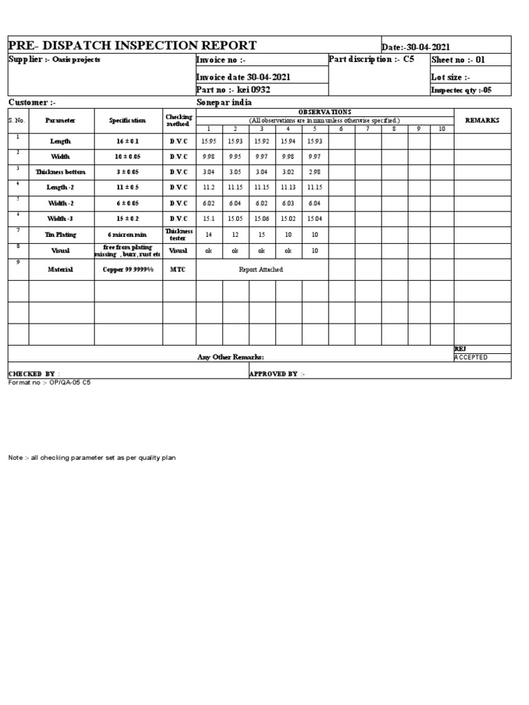 PreDispatch Inspection Report PDF Industries Metals