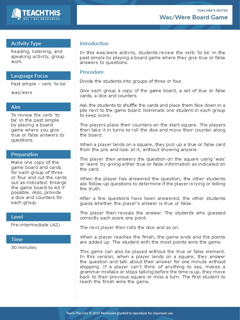 Was/Were Board Game: Activity Type | PDF | English As A Second Or Foreign  Language | Question
