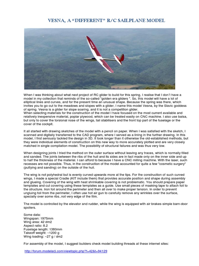 Vesna R/C Sailplane Model Guide | PDF | Empennage | Glider (Sailplane)