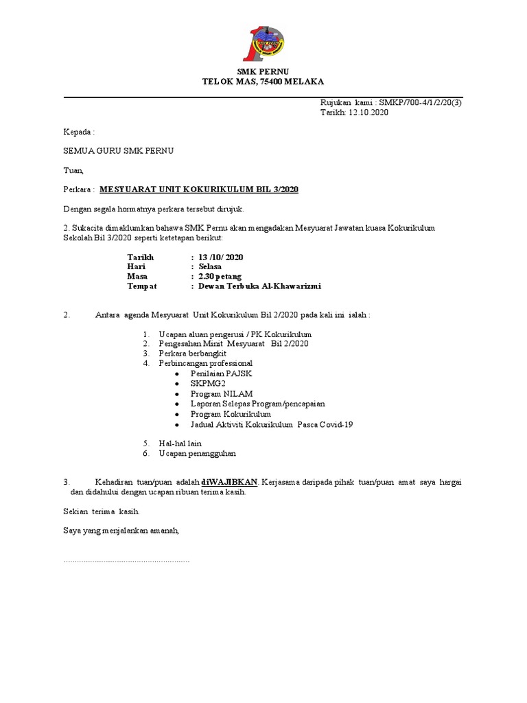 Surat Panggilan Unit Kokurikulum Bil 2020 Pdf