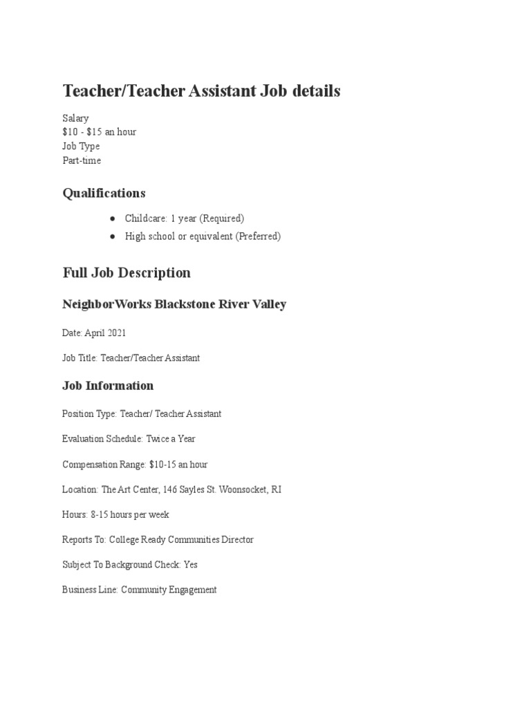 Teacher Assistant Job Description PDF Child Care Relationships