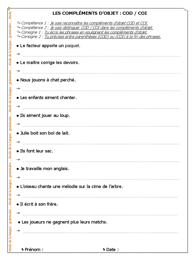 Exercice Cod Coi Cm1 Avec Correction Pdf 02 C Objet COD COI (Rec Dist) | PDF | Complément d'objet | Grammaire