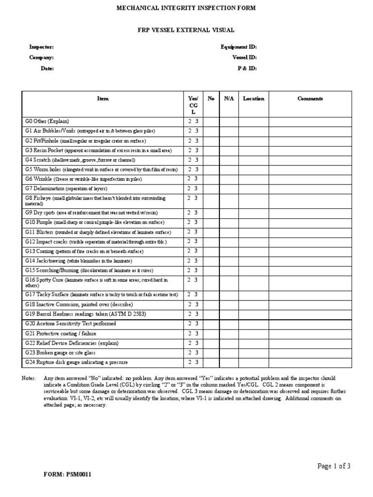 Inspector: Equipment ID: Company: Vessel ID: Date: P & Id:: Page 1 of 3 ...