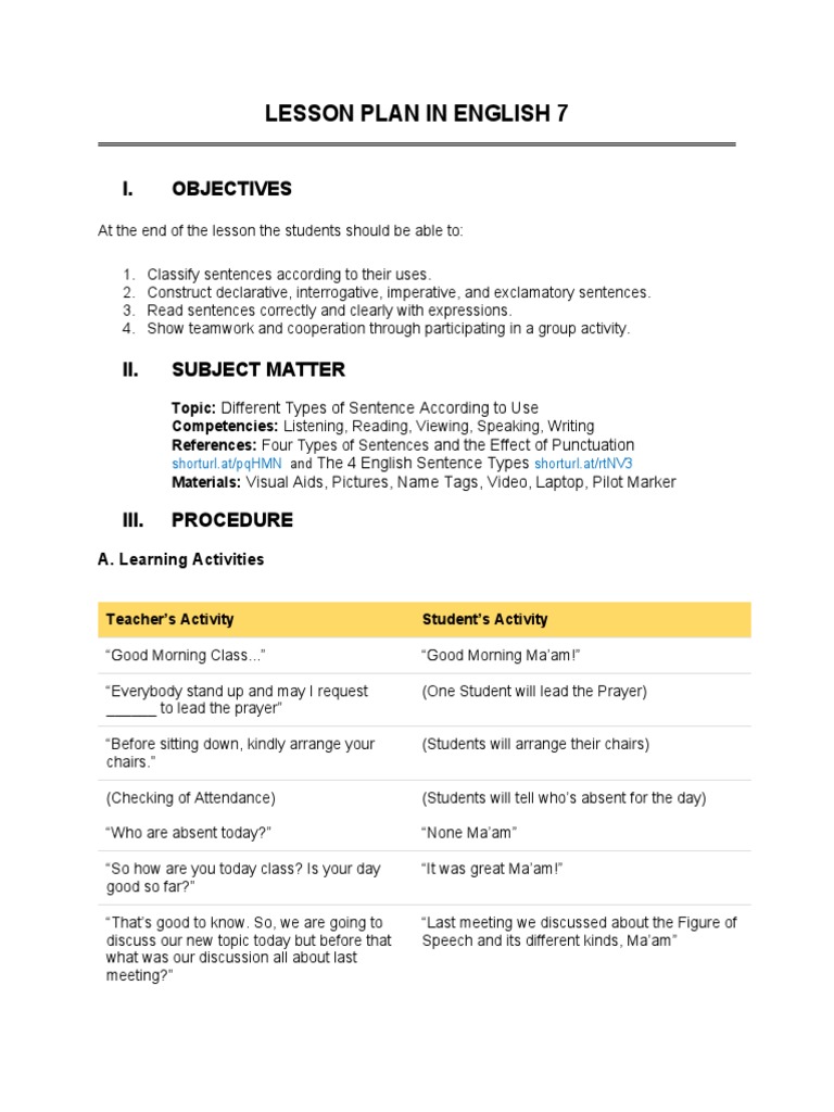 Lesson Plan in English 7: I. Objectives | PDF | Question | Sentence ...