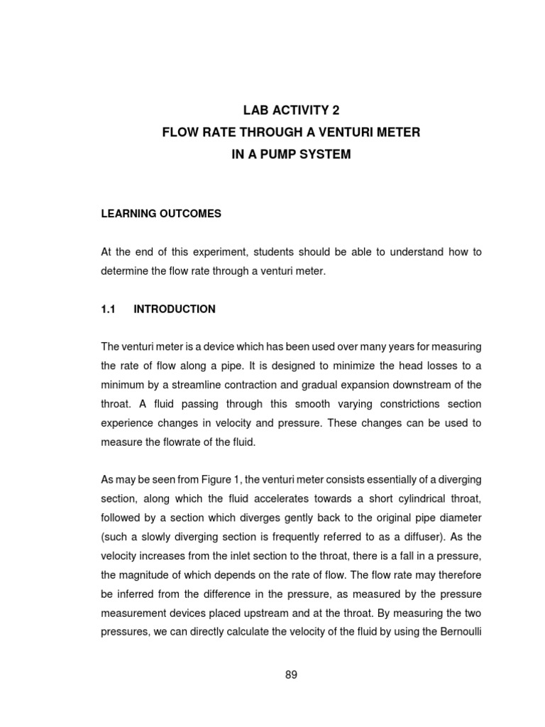 FLOW RATE THROUGH A VENTURI METER LAB ACTIVITY 2 PDF Flow