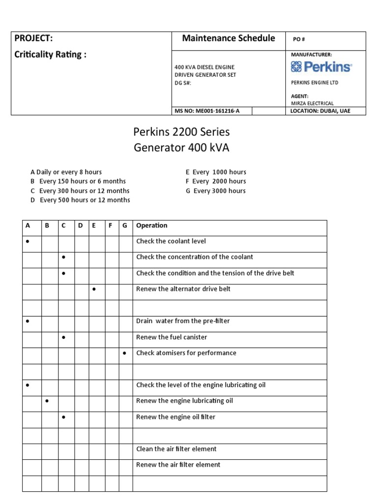 Maintenance Schedule for a 400 KVA Diesel Engine Driven Generator Set ...
