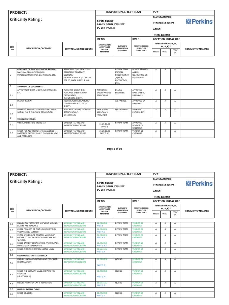 Diesel Generator Testing ITP | PDF | Specification (Technical Standard ...
