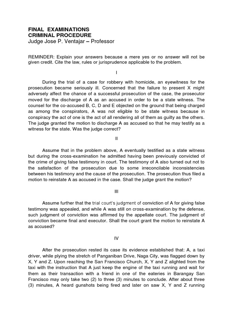 Key Points in Criminal Procedure Exam | PDF | Prosecutor | Witness