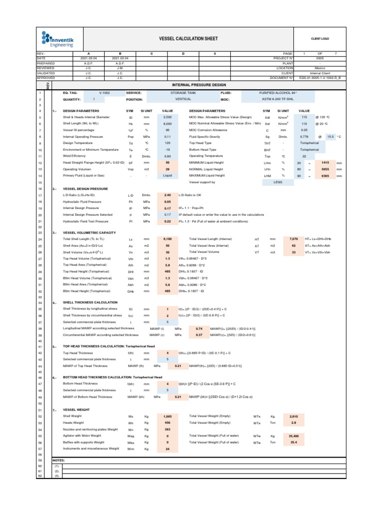 Vessel Calculation Sheet: Internal Pressure Design | PDF | Volume ...