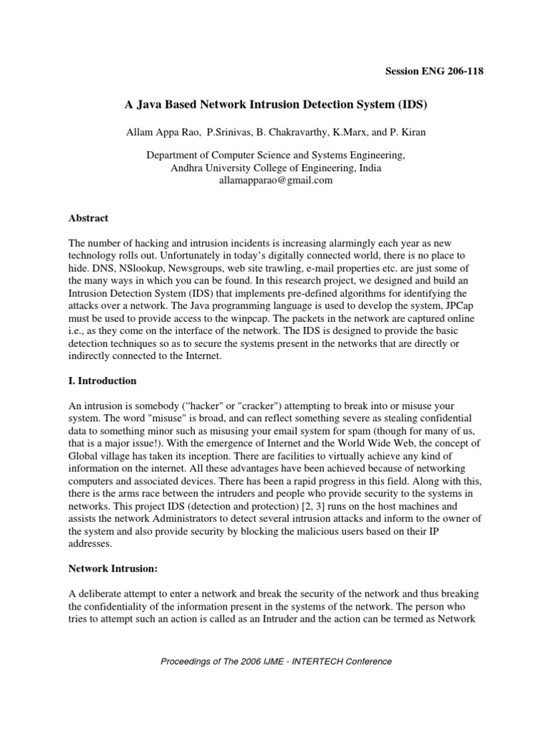 A Java Based Network Intrusion Detection System (IDS) | PDF