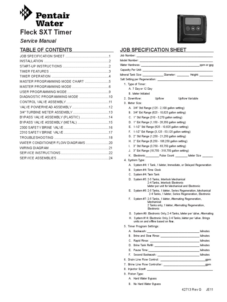 Fleck SXT Timer Service Manual PDF Valve Parameter