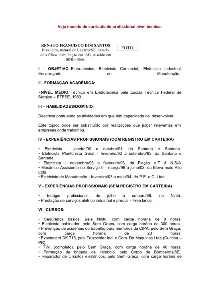 Veja modelo de currículo de profissional nível técnico