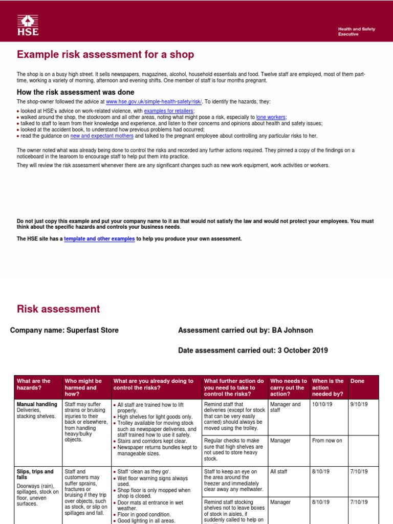 Example Risk Assessment For A Shop | PDF | Risk Assessment | Risk