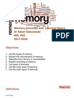 Memory Processes and Learning Theory DR Abeer Almarzouki MD, PHD 2017-2018