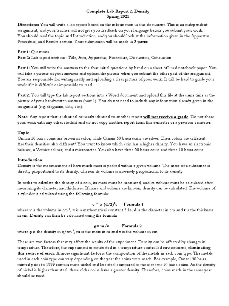 Lab Report 2Density of CoinsAssignmentS21 PDF Density Volume