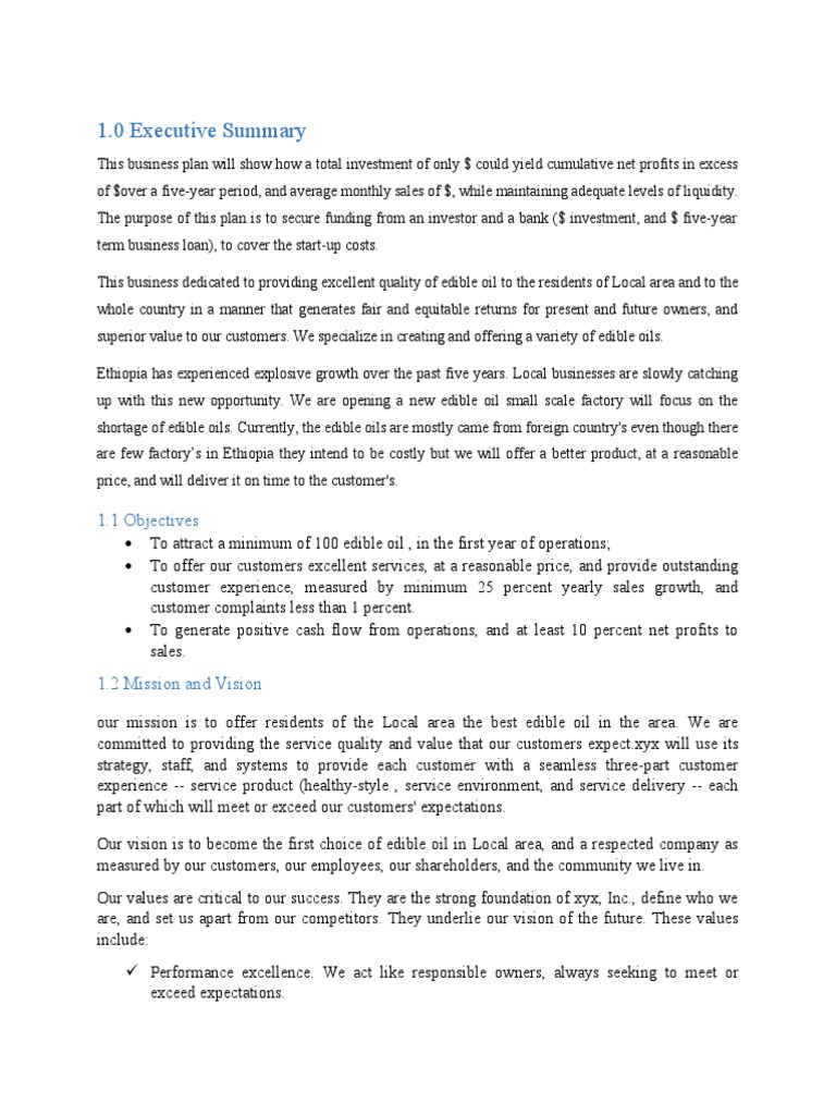 Edible Oil Business Plan PDF Investor Market Liquidity