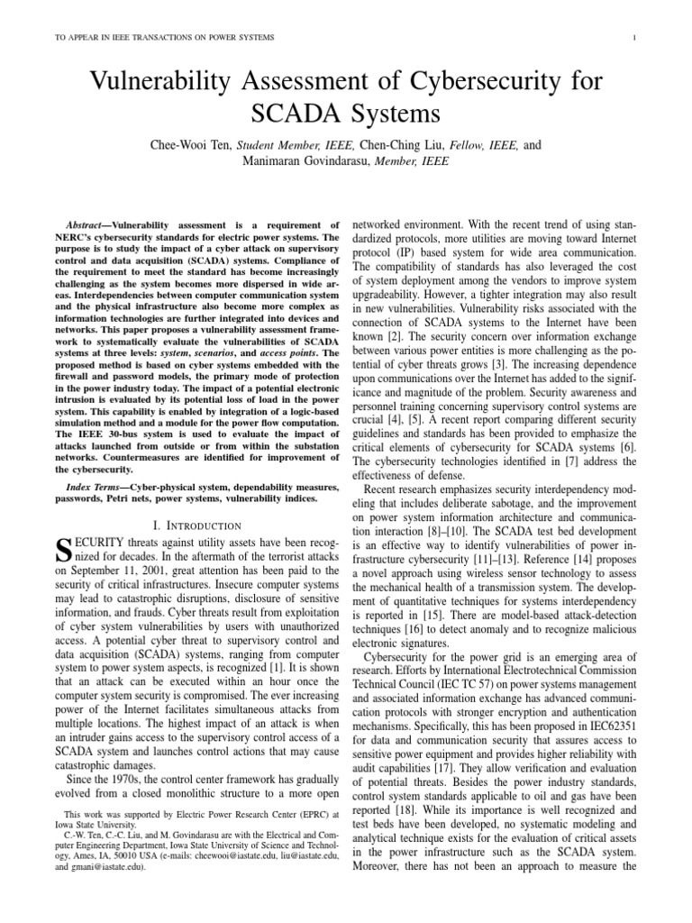 Vulnerability Assessment of Cybersecurity For SCADA Systems | PDF ...