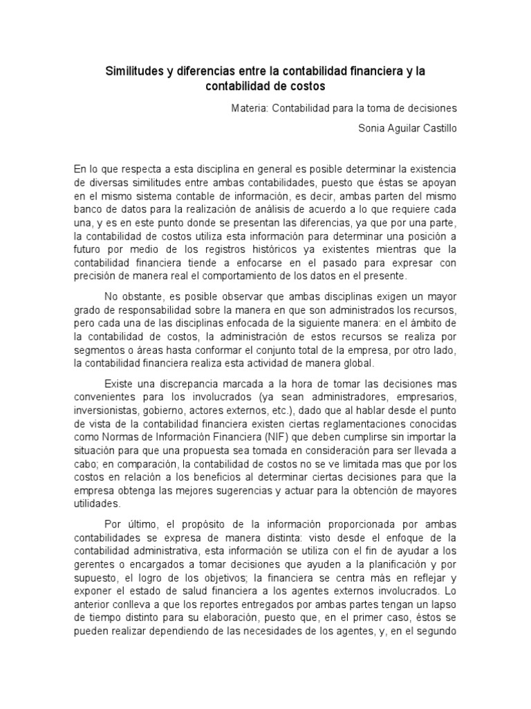 Diferencias entre contabilidad financiera y de costos | PDF ...