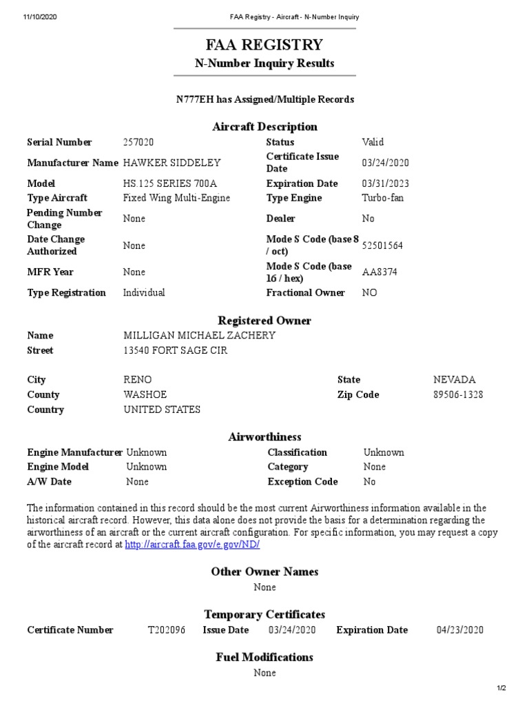 FAA N-Number Inquiry Results for N777EH | PDF | Aircraft | Aviation