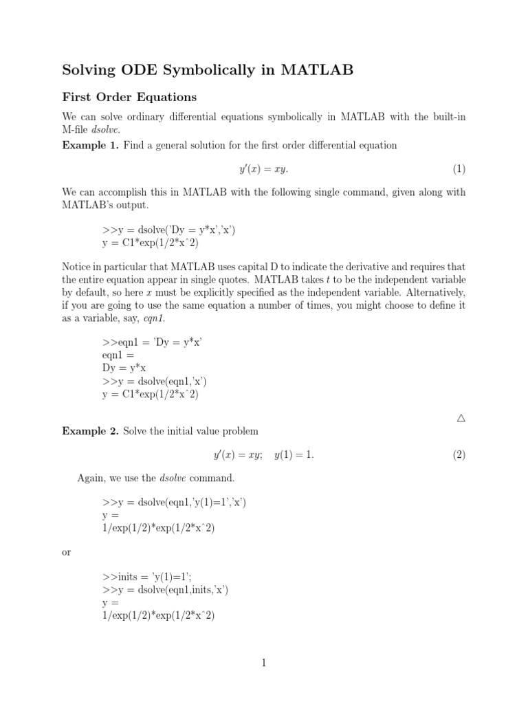 Solving ODE Symbolically in MATLAB | PDF | Ordinary Differential ...
