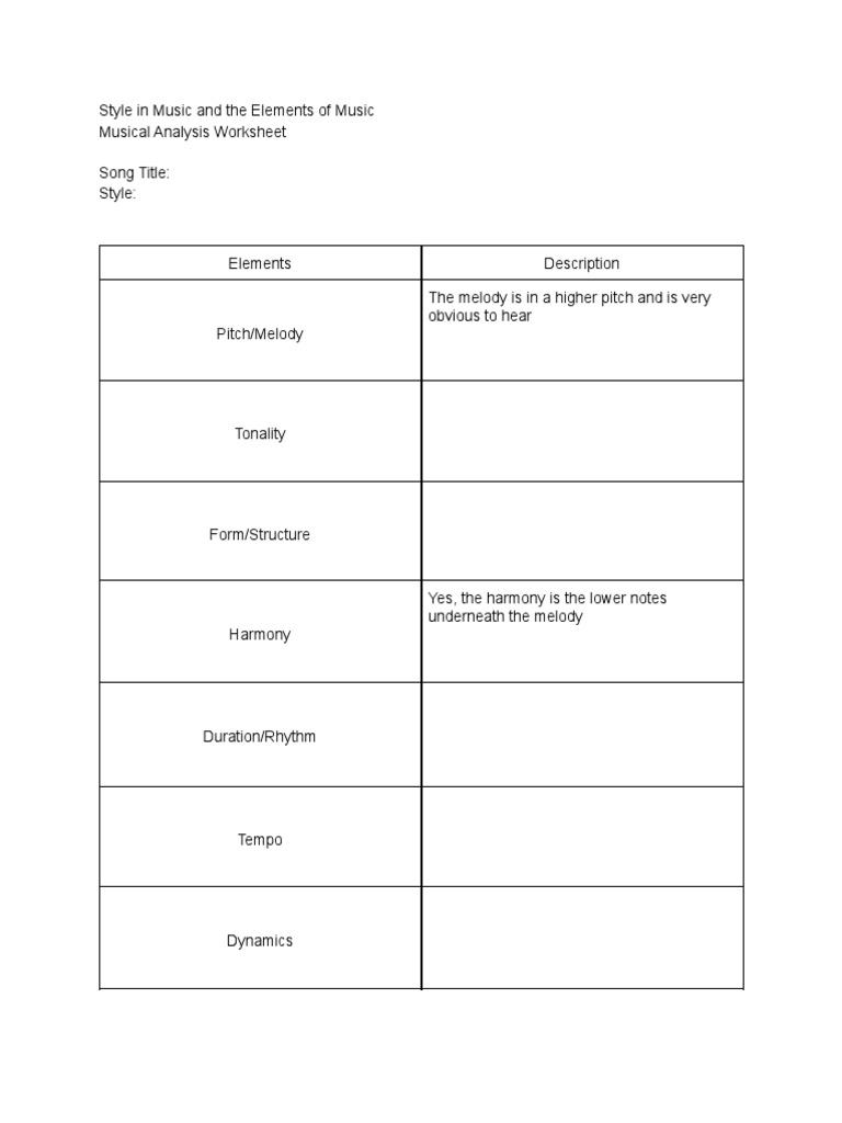 Elecia Ehrenzeller - Style in Music and The Elements of Music Within Elements Of Music Worksheet