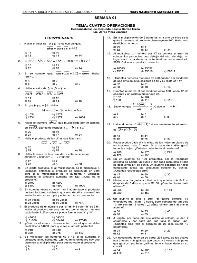 Ejercicios de Cuatro Operaciones Matemáticas | PDF | División ...