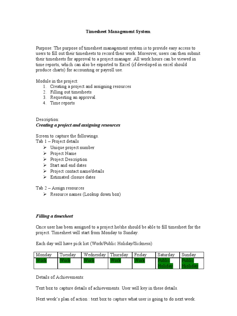 Timesheet Management System Overview | PDF | Microsoft Excel | Software