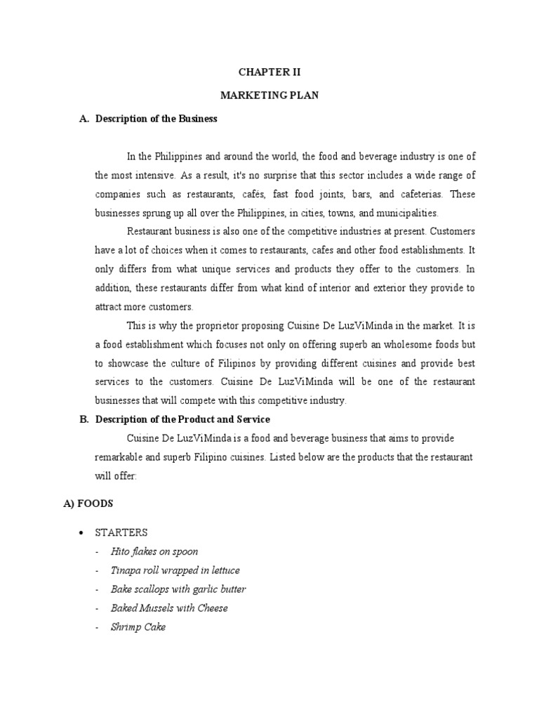 Marketing Plan A. Description of The Business PDF Pricing Cuisine