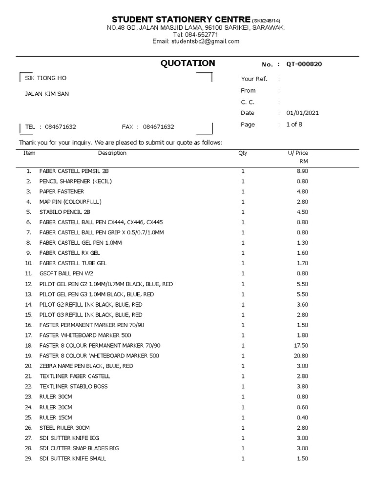 Quotation: Student Stationery Centre | PDF | Writing Implements ...