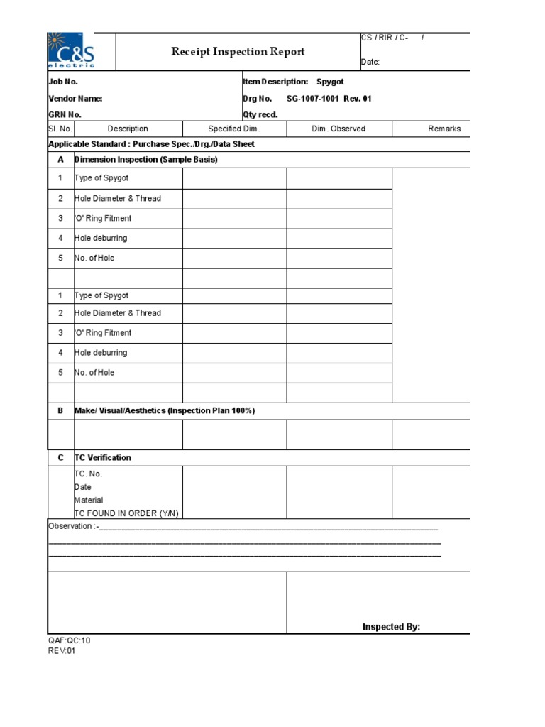 Receipt Inspection Report: Inspected by | PDF | Industrial Processes ...