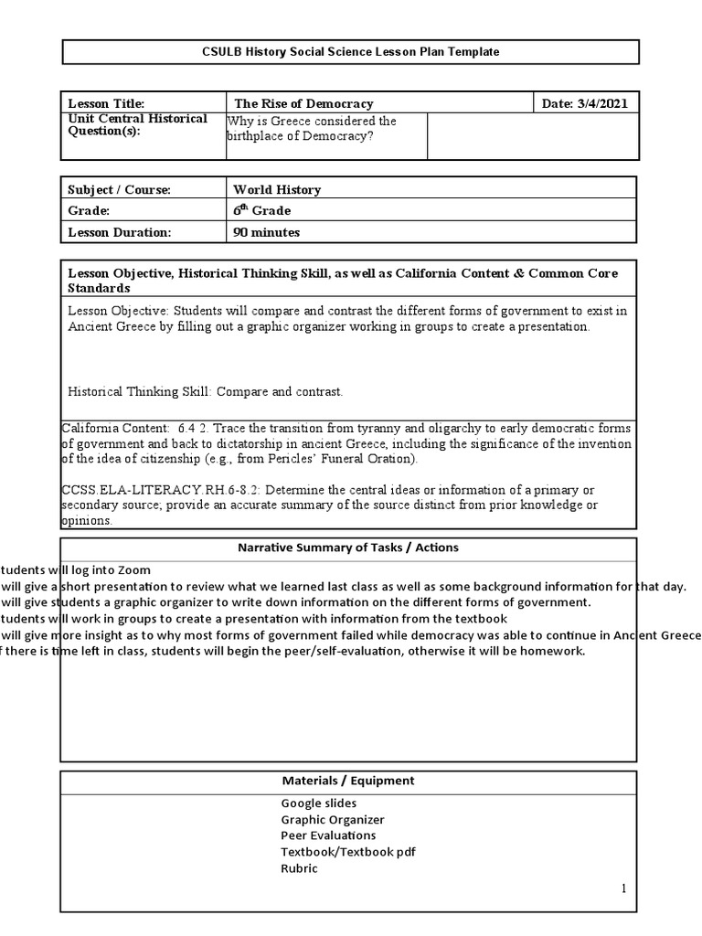 CSULB History Social Science Lesson Plan Template | PDF | Lecture ...