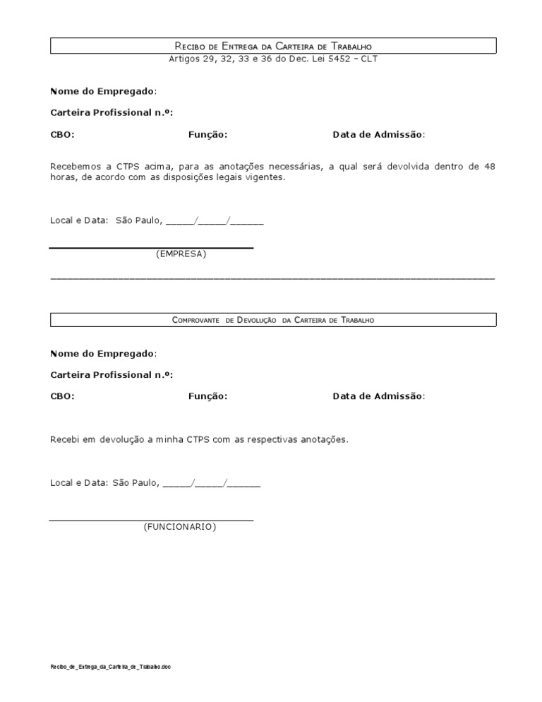 Recibo de Entrega Da Carteira de Trabalho
