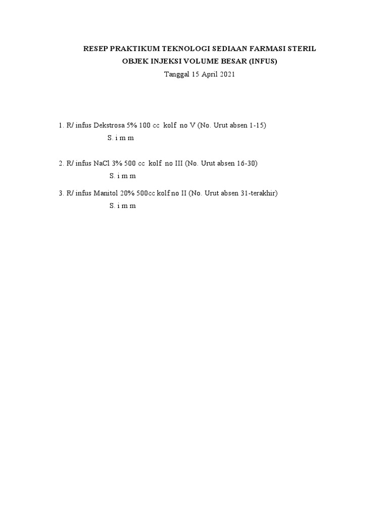 Resep Infus NaCl dan Manitol Steril | PDF