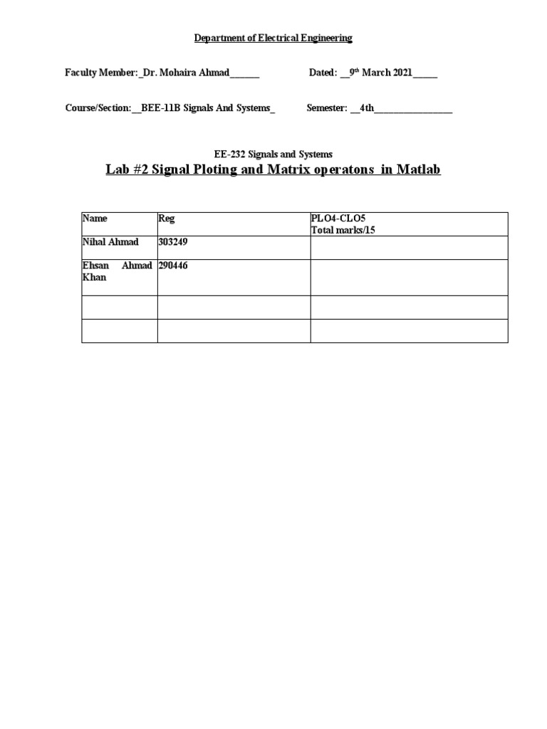 Lab #2 Signal Ploting and Matrix Operatons in Matlab | PDF | Matrix ...