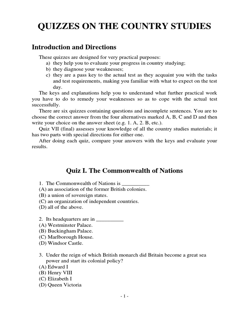 Country Studies Quizzes Overview | PDF | Australia | Monarchy Of The ...
