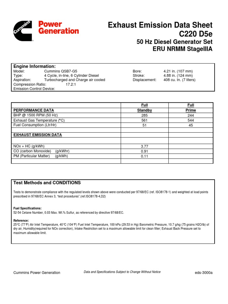Exhaust Emission Data Sheet C220 D5e 50 HZ Diesel Generator Set Eru