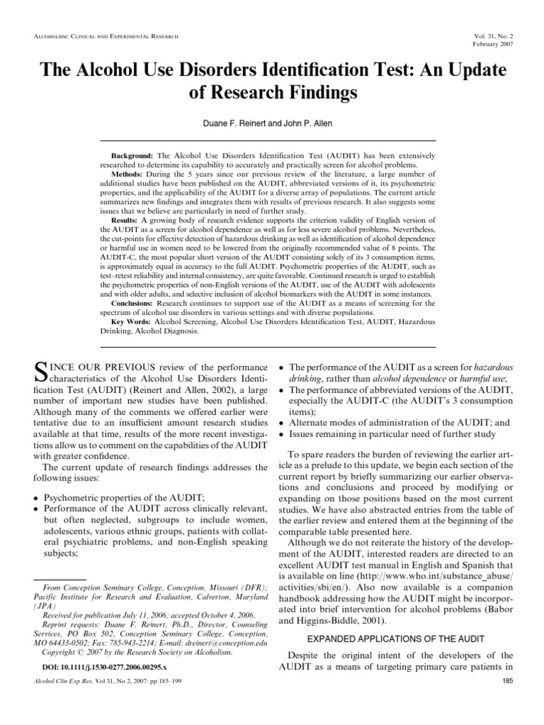The Alcohol Use Disorders Identification Test An Update PDF