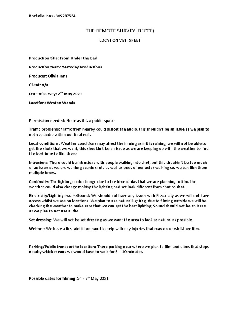 Weston Woods Location Recce Sheet | PDF