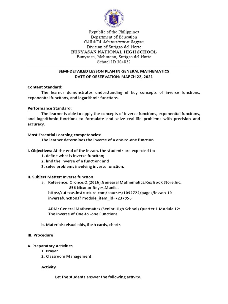 Inverse Functions Lesson Plan | PDF | Function (Mathematics ...