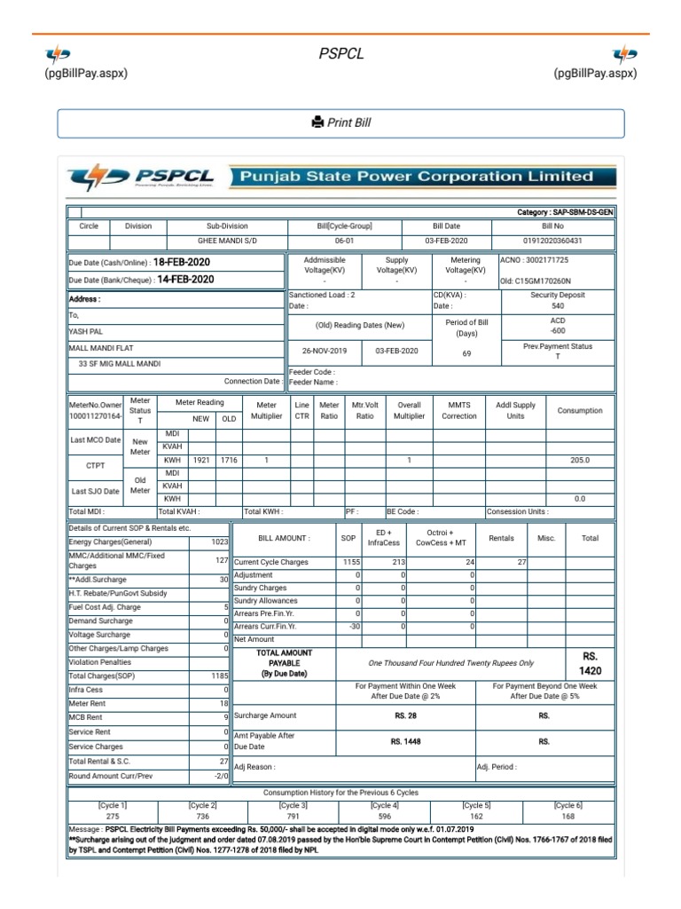 Pspcl bill detail deals