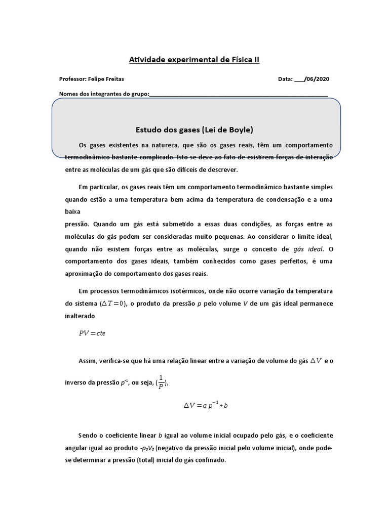 Roteiro Da Experiência Virtual - Lei de Boyle | PDF | Gases | Termodinâmica