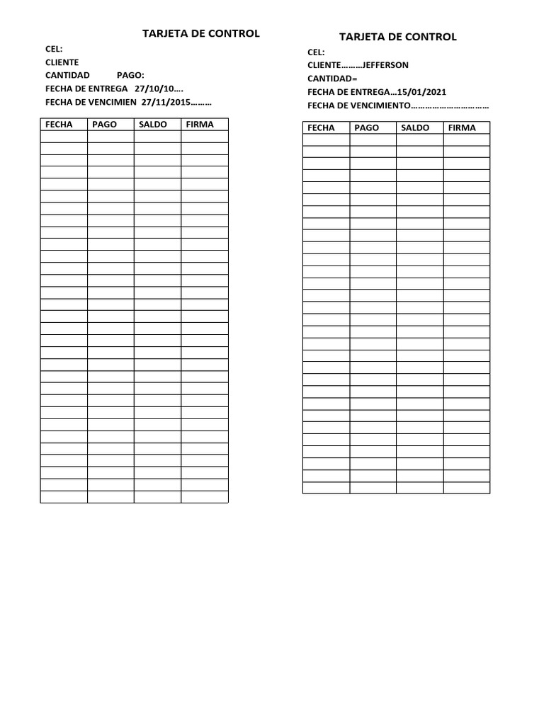 Tarjeta de Control de Pagos Mensuales | PDF
