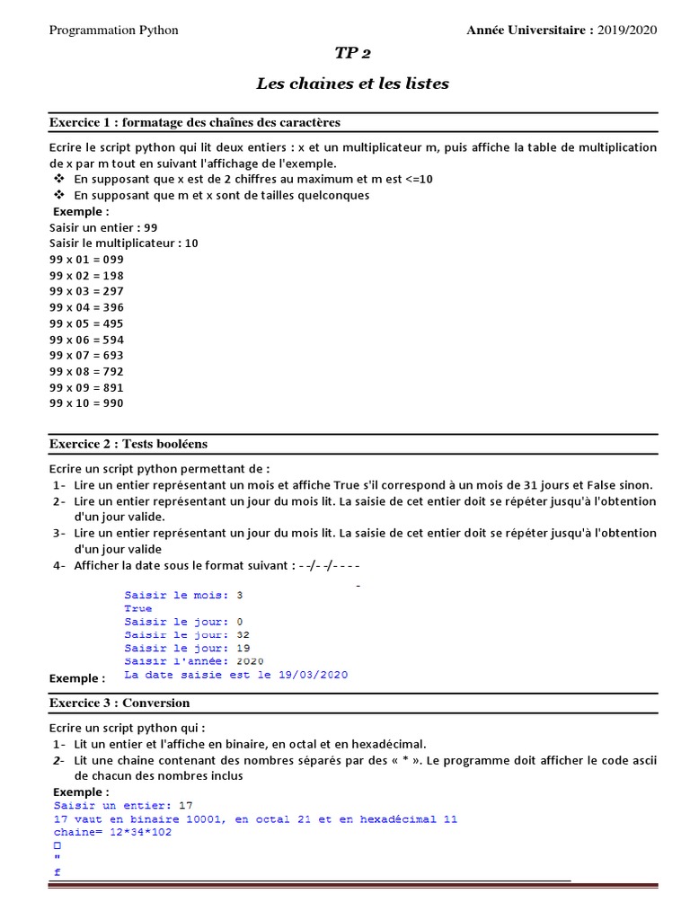Exercices Python sur chaînes et listes | PDF | Python (Langage de ...