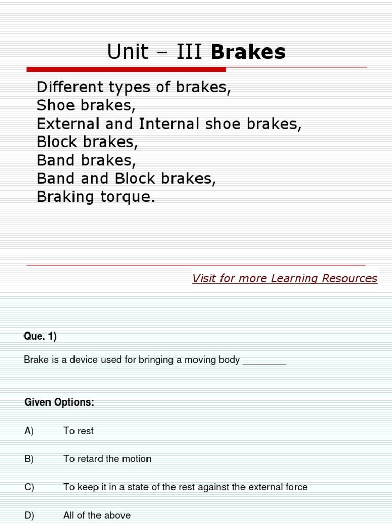 TPMM MCQs Unit III PDF Brake Vehicle Parts