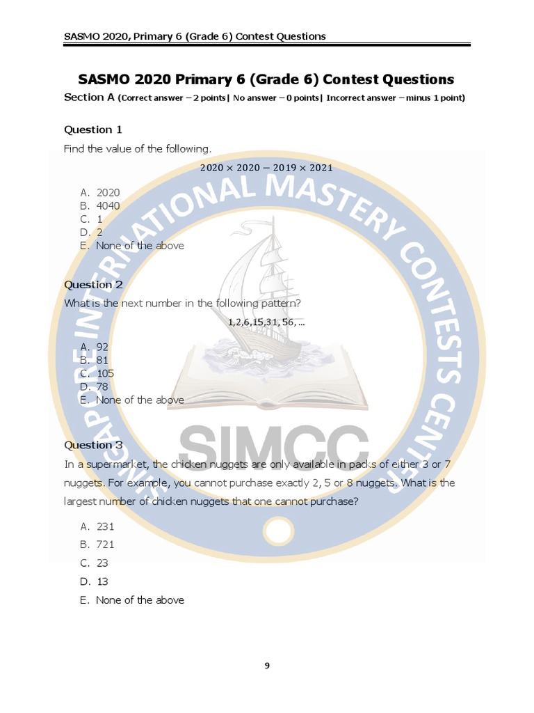 SASMO 2020 Grade 6 Contest Questions | PDF | Multiple Choice ...