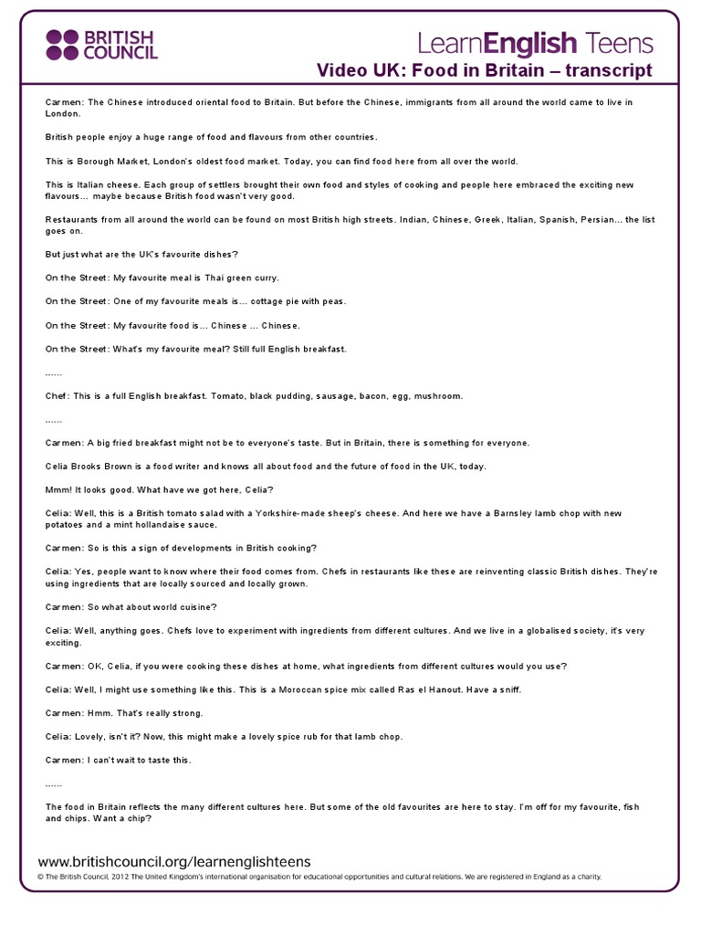 Food in Britain Video Uk-Transcript | PDF | British Cuisine | Lamb And ...
