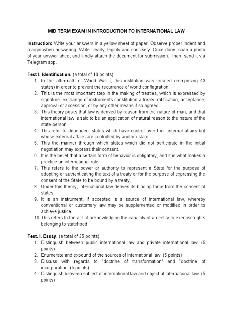 Mid Term Exam in International Law | PDF | International Law | Treaty