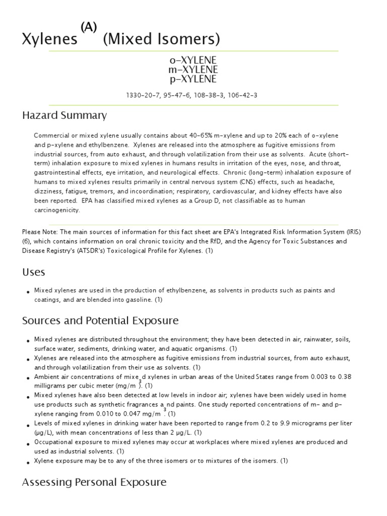 Xylenes (Mixed Isomers) Hazard Summary PDF Working Conditions