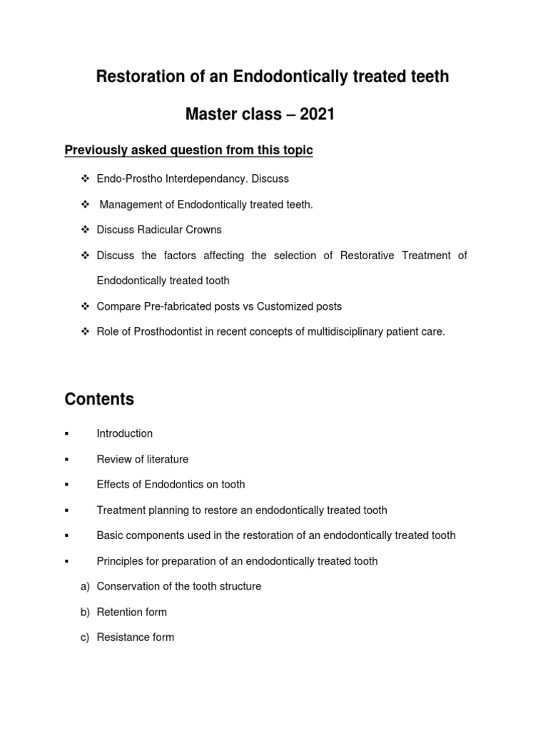 Restoring Endodontically Treated Teeth | PDF | Human Tooth | Dental ...