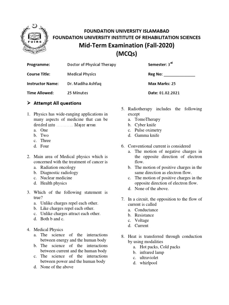 Medical Physics MCQs for DPT Exam | PDF | Medical Physics | Electric ...